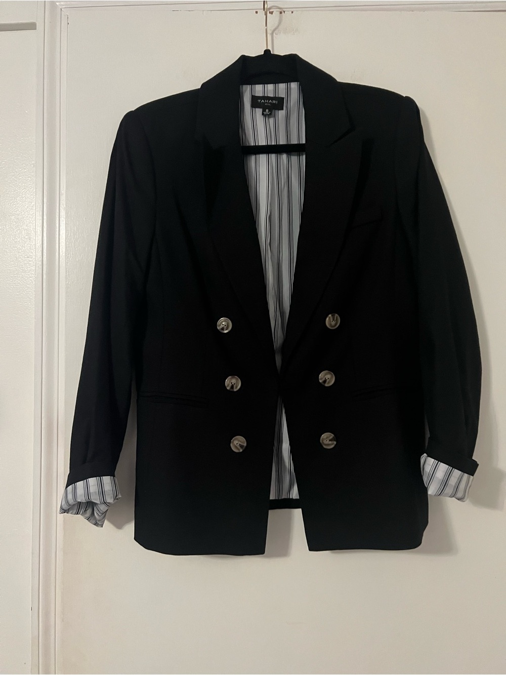Tahari Black Double-Breasted Suit Blazer with Striped Lining size 8